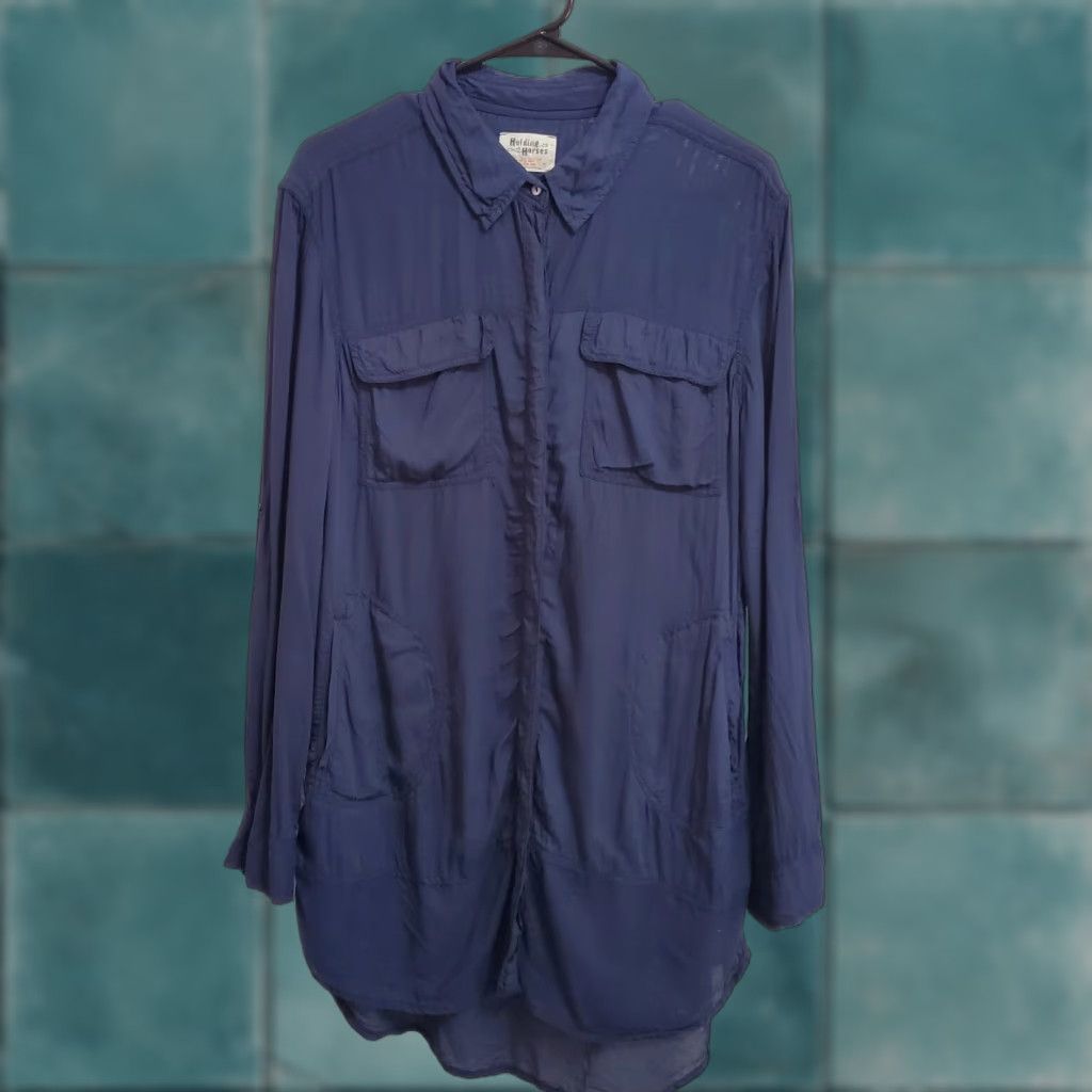 Anthropologie Holding Horses Blouse Shirt Women's M Blue Roll Tab Sleeve Sheer Hem Button Top Size M / US 6-8 / IT 42-44 - 1 Thumbnail