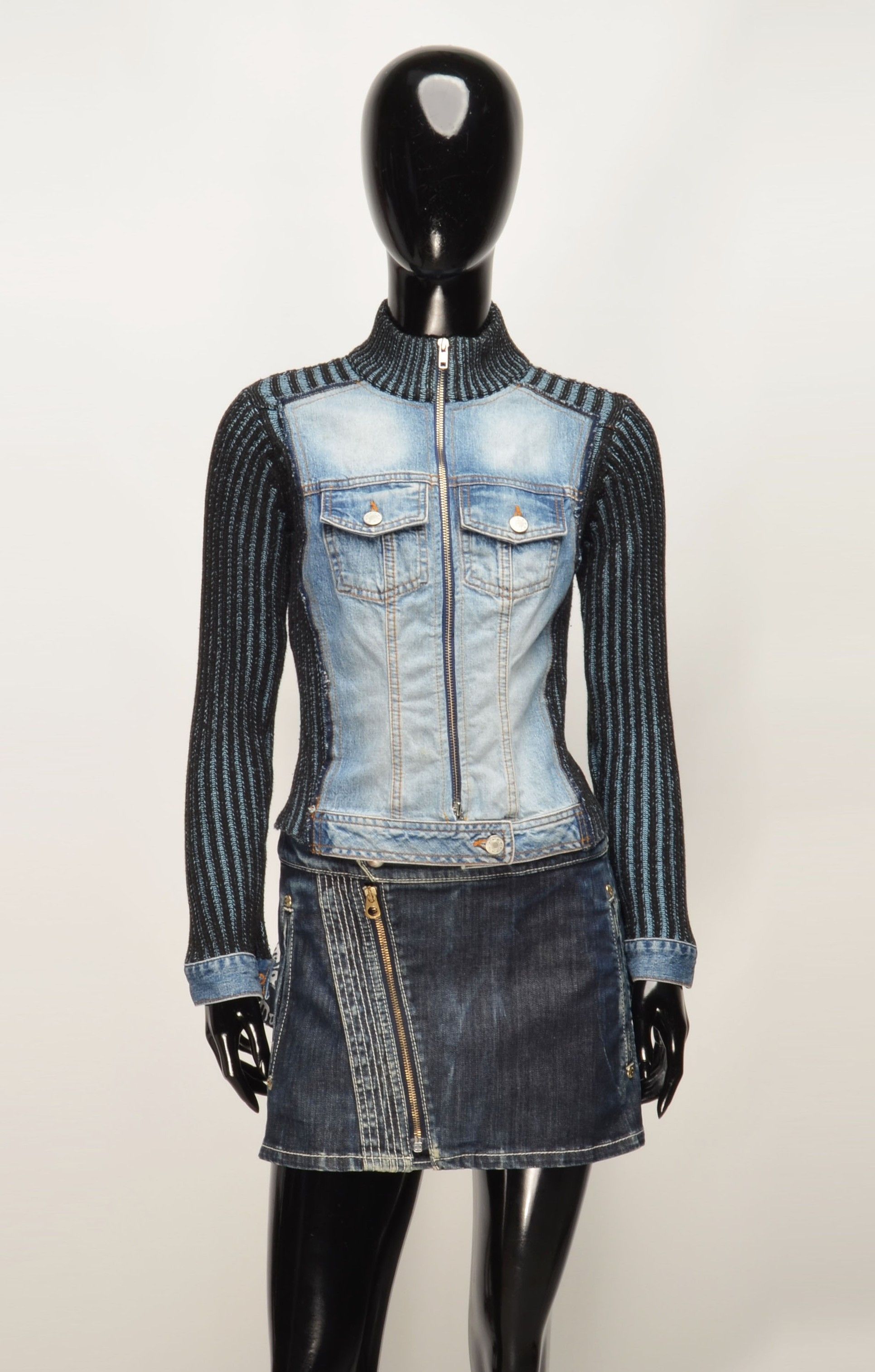 Vintage Y2K Helline Denim Knit Fitted Moto Zip Up Hybrid Jacket Size XS / US 0-2 / IT 36-38 - 1 Thumbnail