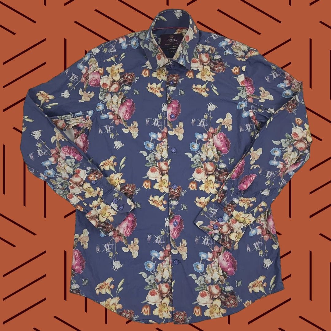 Vintage Hawes & Curtis London Shirt Mens Medium Brandon Slim Fit Blue Floral Button Up Size US M / EU 48-50 / 2 - 1 Thumbnail