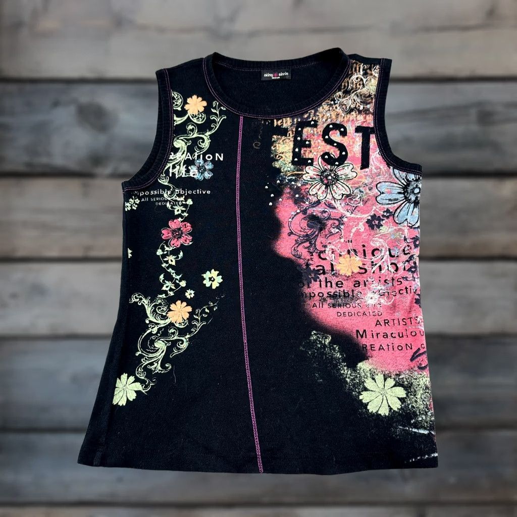 Pinko VINTAGE Skinny Minnie Tank Womens M Black Floral Cotton AOP 90s Sleeveless Round Neck Casual Shirt Ladies Mens? Size M / US 6-8 / IT 42-44 - 1 Thumbnail