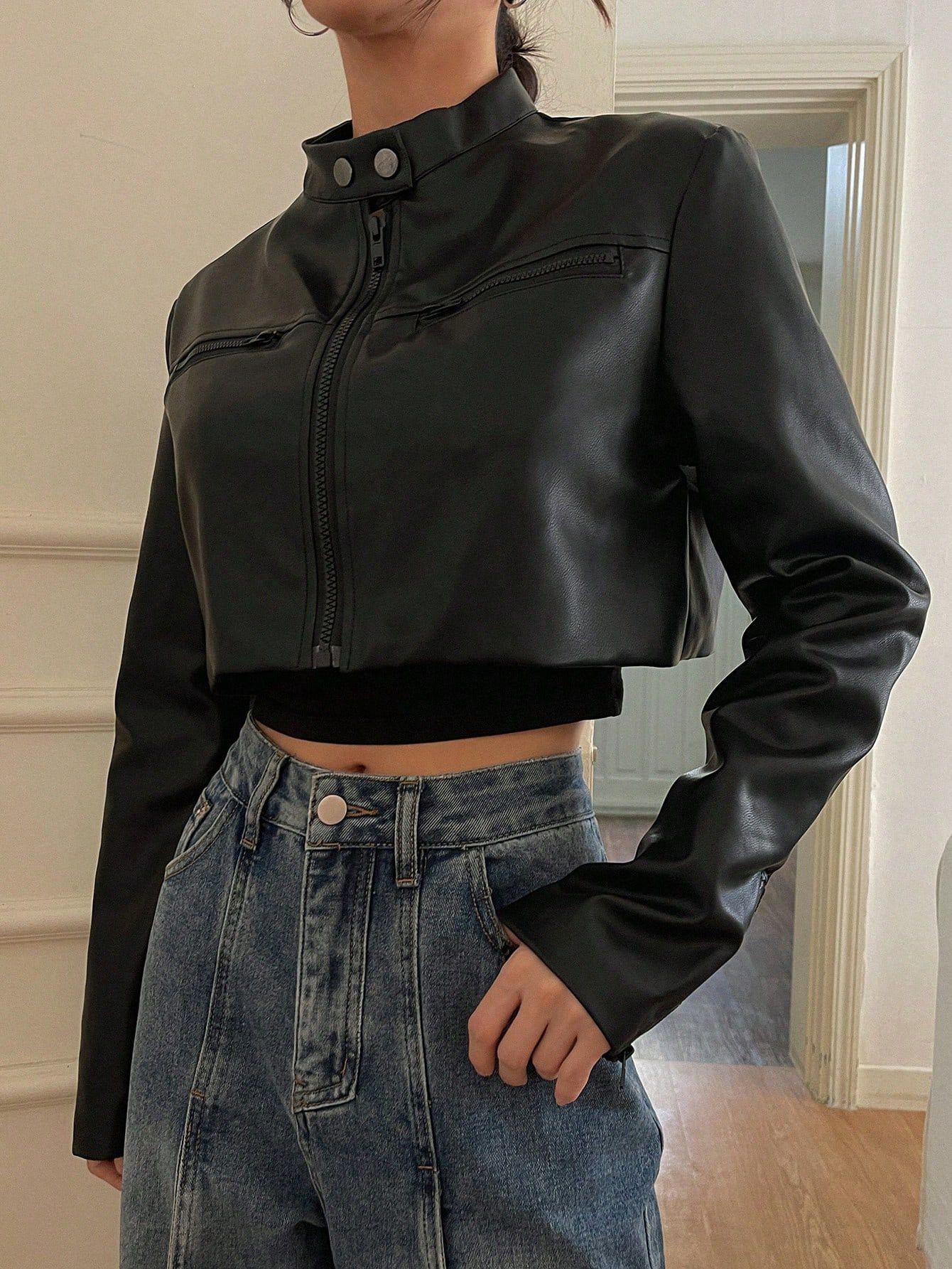 Other Women Black Cropped Real Cowhide Leather Jacket Size S / US 4 / IT 40 - 2 Thumbnail