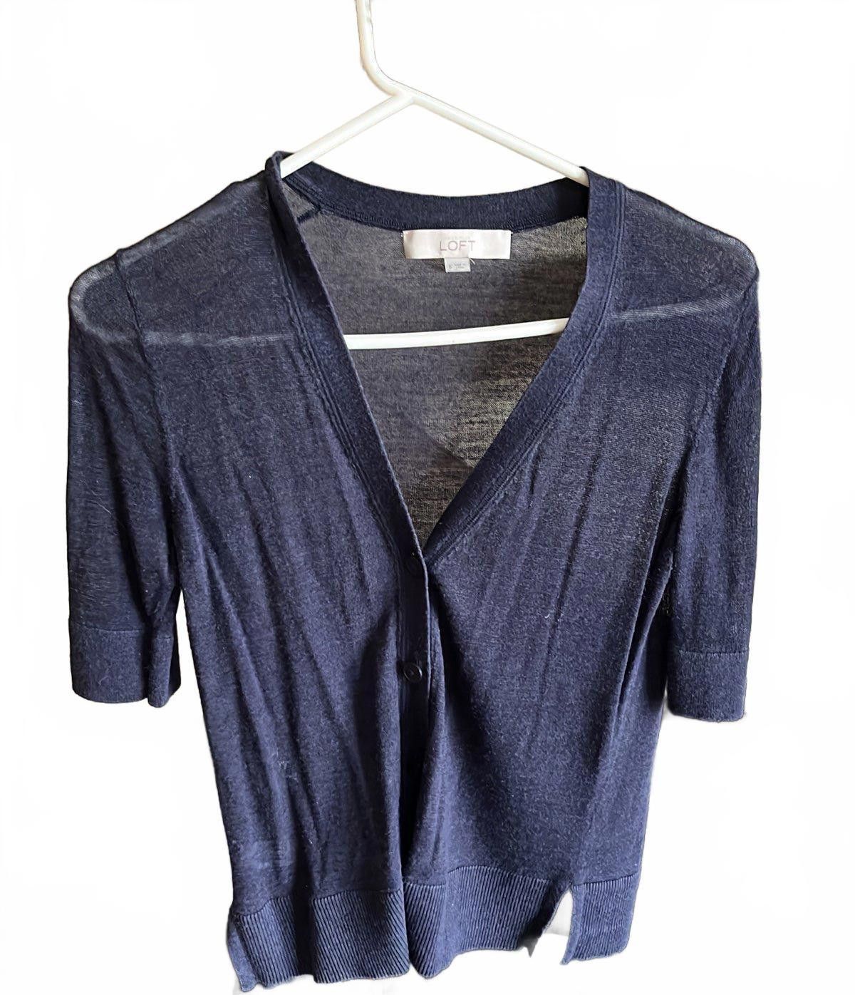 Designer LOFT Navy Button-Up Short Sleeve Cardigan - Size S Size S / US 4 / IT 40 - 1 Thumbnail