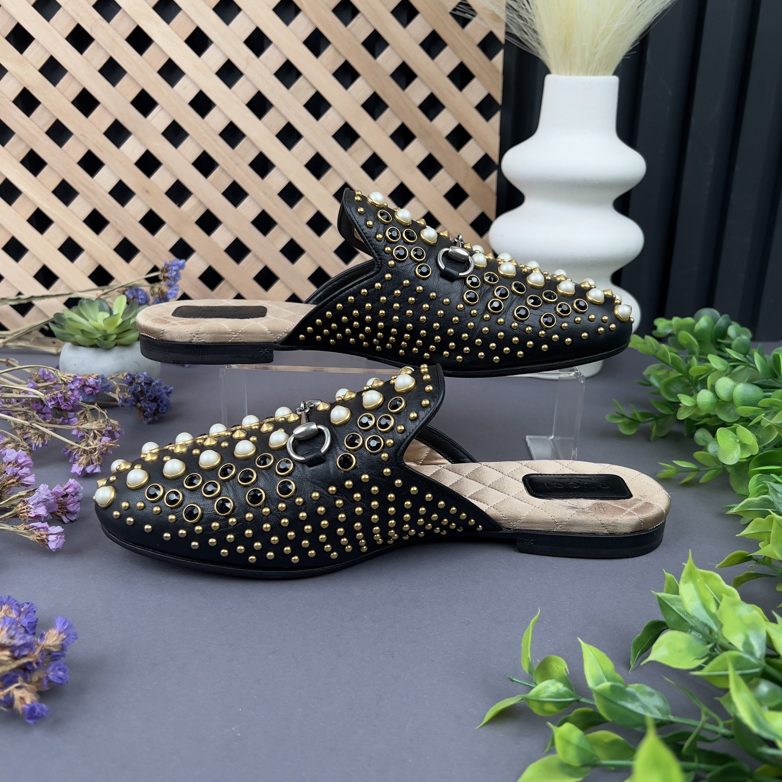Gucci Princetown Horsebit Pearl Studded Black Leather Size US 8 / IT 38 - 6 Thumbnail