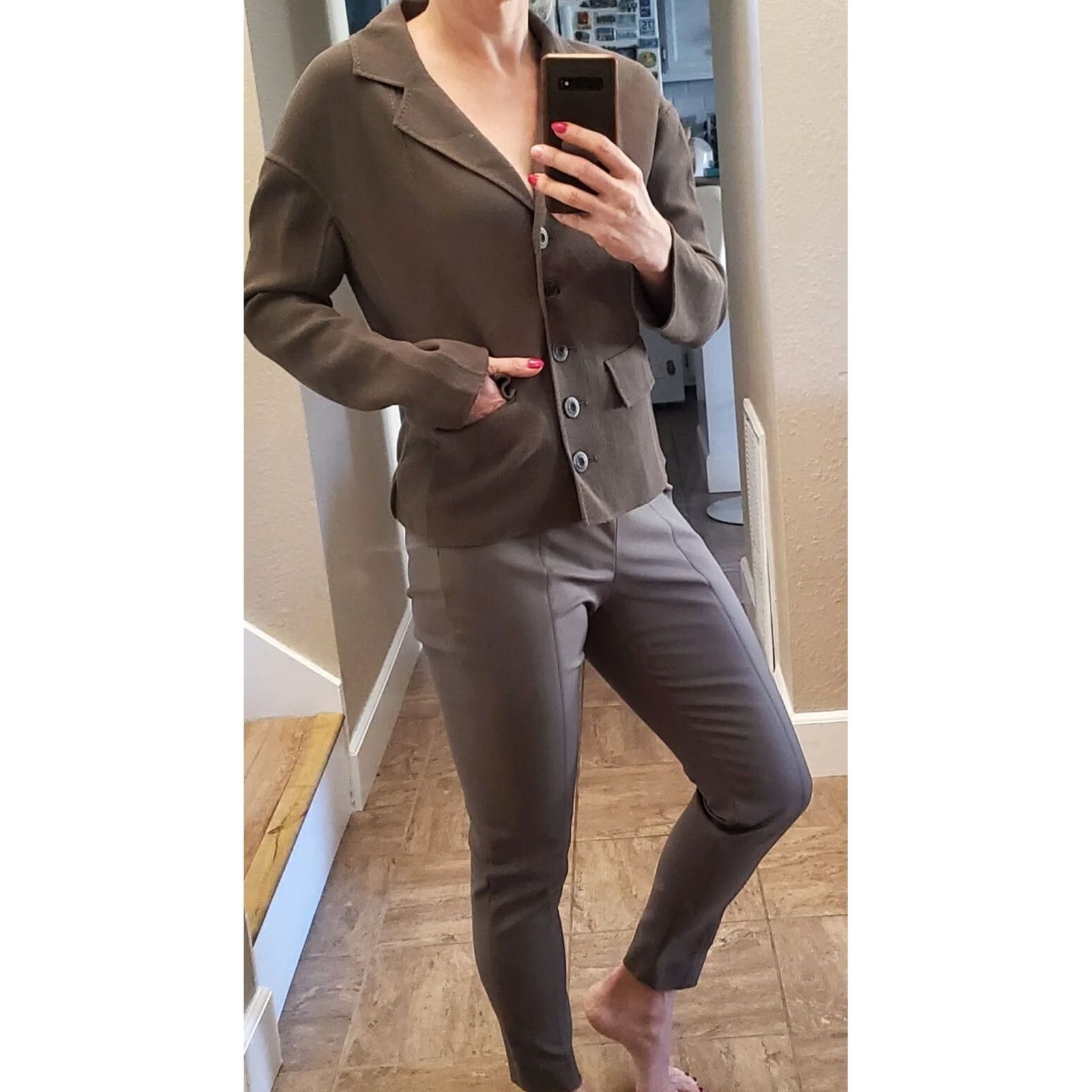 St. John St. John 2Pc Olive Military Green Jacket Blazer Stretch Pants Set 6 Cotton Wool Knit Style Solid Pattern Suit S 局 Size 28" / US 6 / IT 42 - 3 Thumbnail