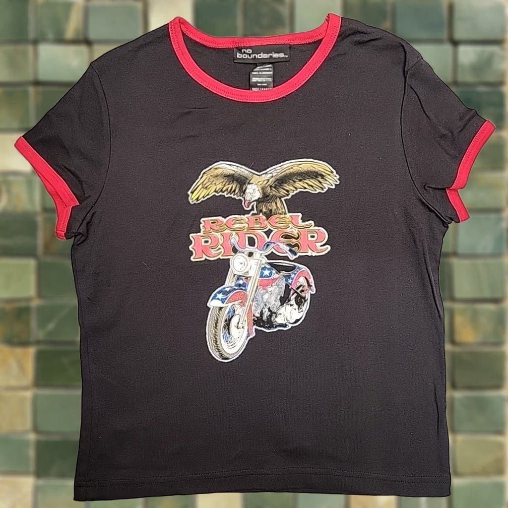 Vintage No Boundaries Women XL Black Ringer Shirt Rebel Rider Eagle Motorcycle Y2K Size XL / US 12-14 / IT 48-50 - 1 Thumbnail