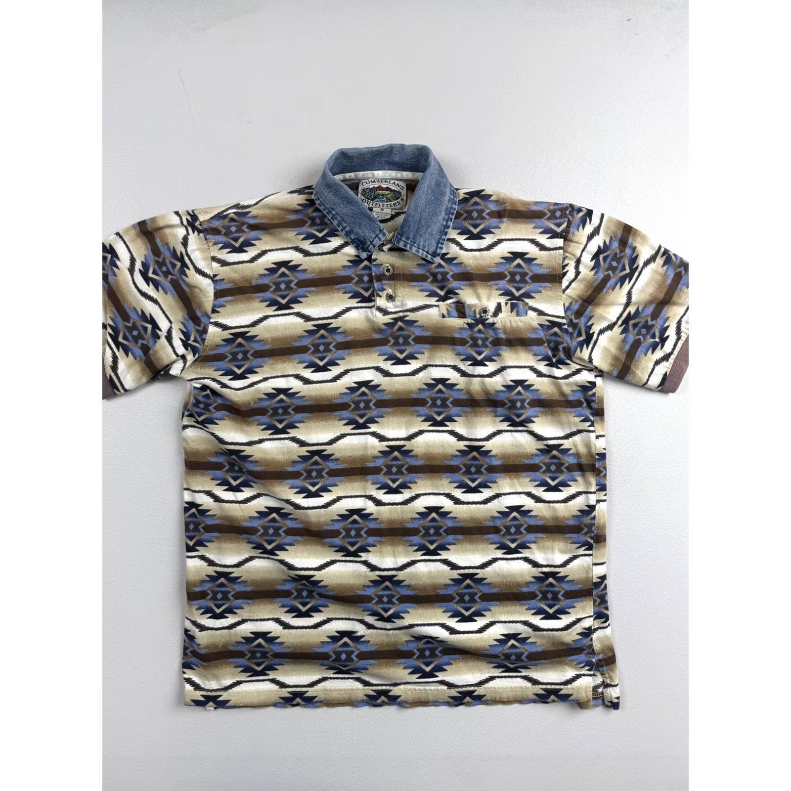 Vintage Cumberland Outfitters Polo Shirt Mens M Aztec Geometric Western Denim Collar Short Sleeve Casual Polo Shirt Mens Size US M / EU 48-50 / 2 - 2 Thumbnail
