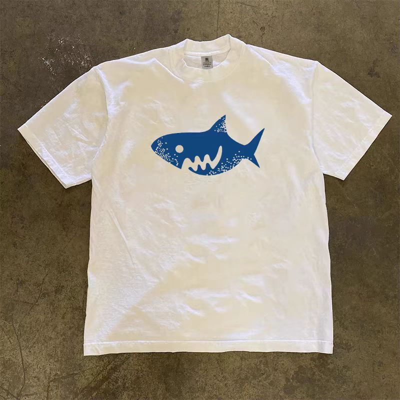Vintage Shark pattern casual trendy white loose t-shirt Size US M / EU 48-50 / 2 - 1 Thumbnail