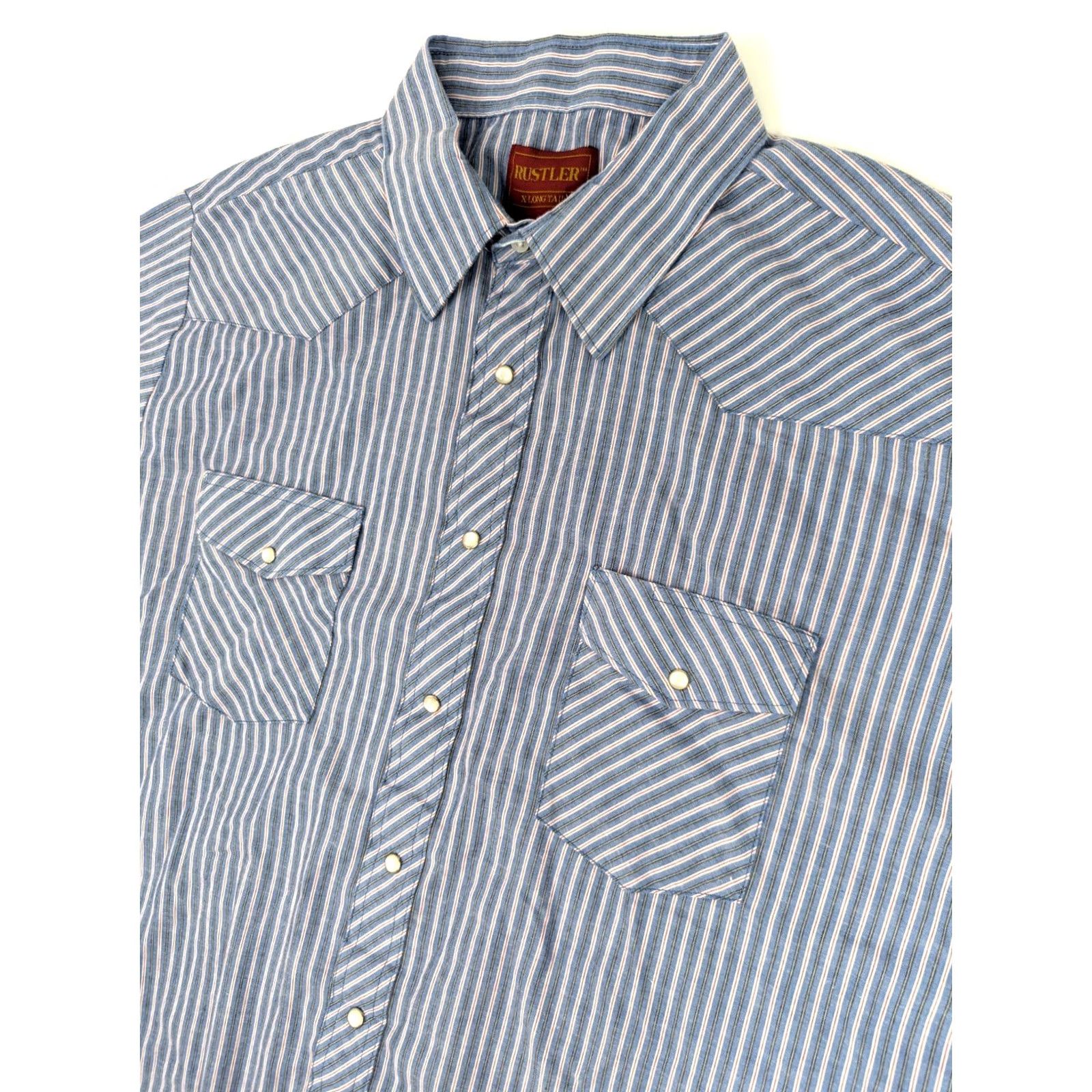 Vintage VINTAGE Rustler Shirt Men 2XL Western Pearl Snap Striped Blue Red X-Long Tails Button-Up Shirt Size US XXL / EU 58 / 5 - 2 Thumbnail