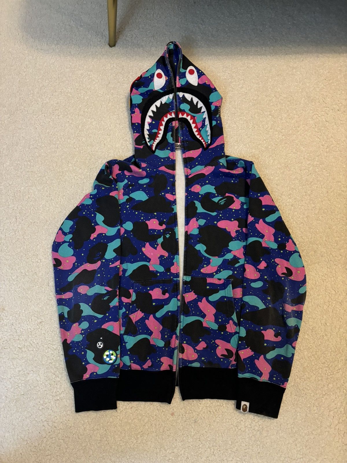 A Bathing Ape Kid Cudi Camo Shark Full Zip Hoodie Blue Pink