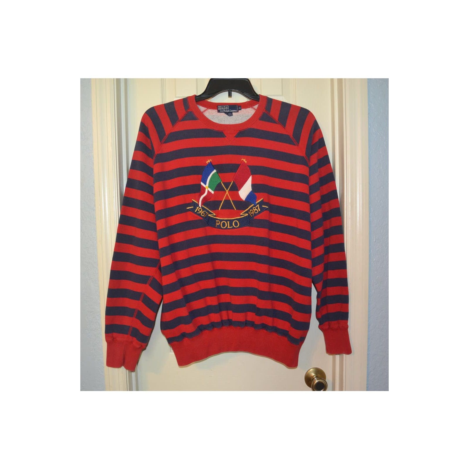 image of Vintage Polo Ralph Laurent Anniversary Flag Striped Sweater in Red, Men's (Size XL)