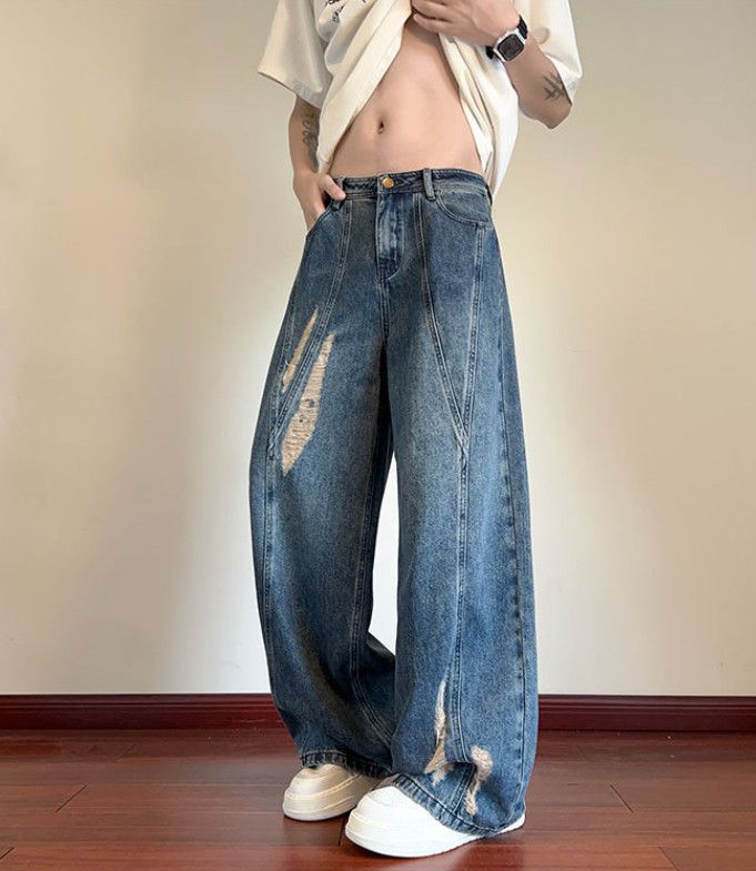 Japanese Brand Men's ripped loose-fitting casual patchwork washed jeans Size US 32 / EU 48 - 3 Thumbnail