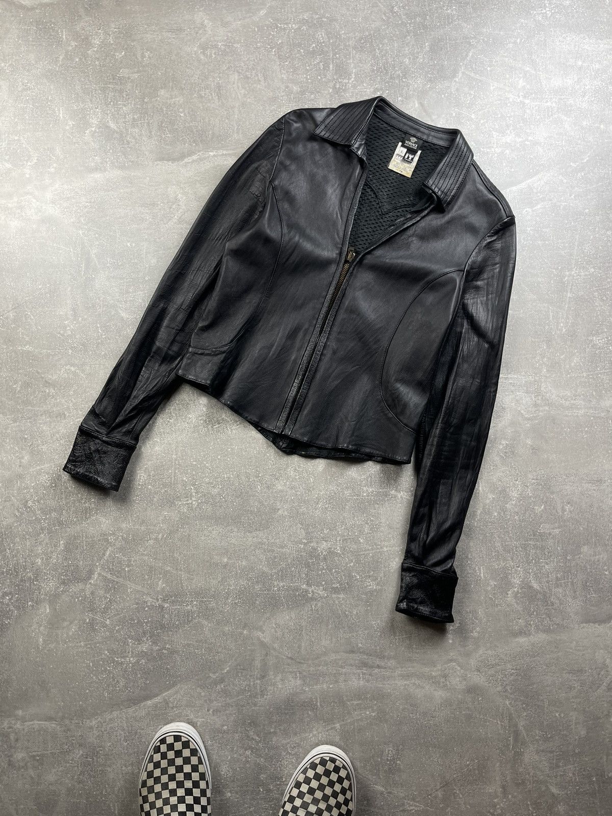 Versace Jeans Couture × Vintage Versace Leather Avant garde Black Slim Leather Jacket Size L / US 10 / IT 46 - 1 Thumbnail