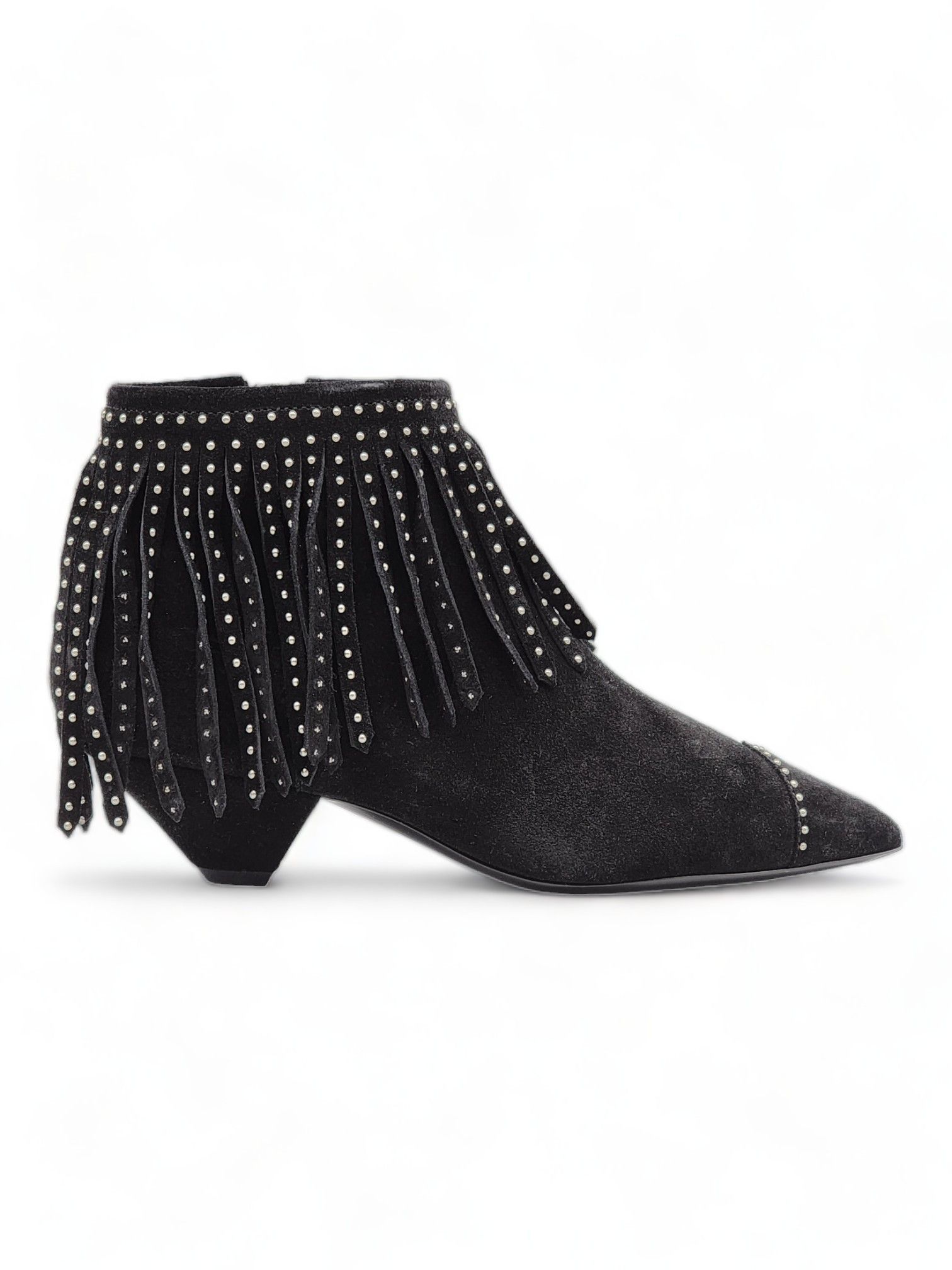 image of Saint Laurent Paris Blaze Fringe Leather Suede Ankle Boots | Black $1995 37, Women's