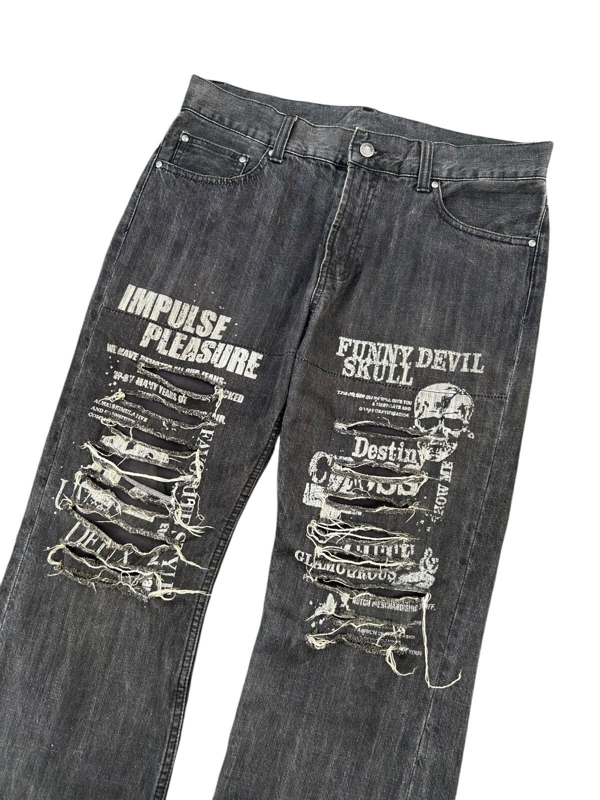 If Six Was Nine FLARE FUNNY DEVIL SKULL IMPULSE PLEASURE DISTRESSED DENIM Size US 34 / EU 50 - 2 Thumbnail