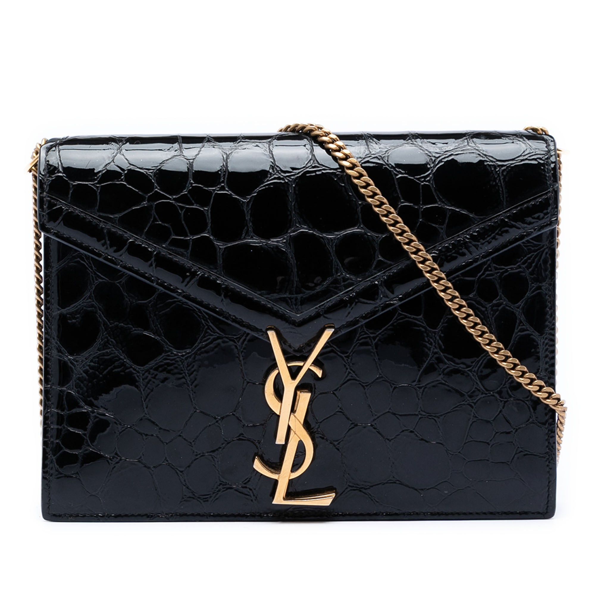 Saint Laurent Paris Shiny Croc Embossed Calfskin Monogram Cassandra Chain Wallet Size ONE SIZE - 1 Thumbnail