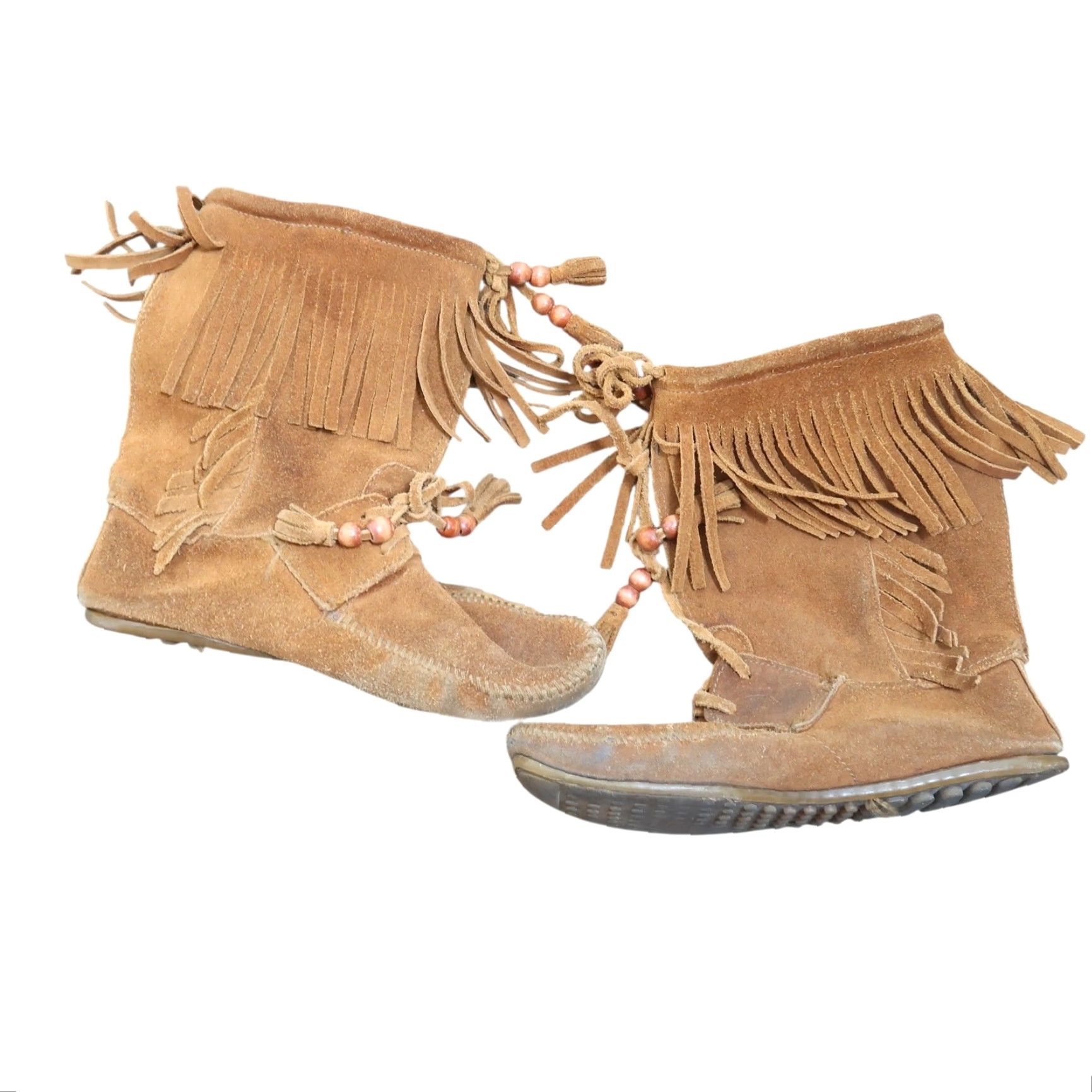 Minnetonka VINTAGE Minnetonka Suede Leather Fringe Boots Mid Calf Cognac Brown 8 Women Western Bohemian Moccasin Size US 8 / IT 38 - 7 Thumbnail