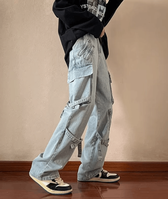 Japanese Brand Street retro strappy men's straight zipper cargo jeans Size US 32 / EU 48 - 2 Thumbnail
