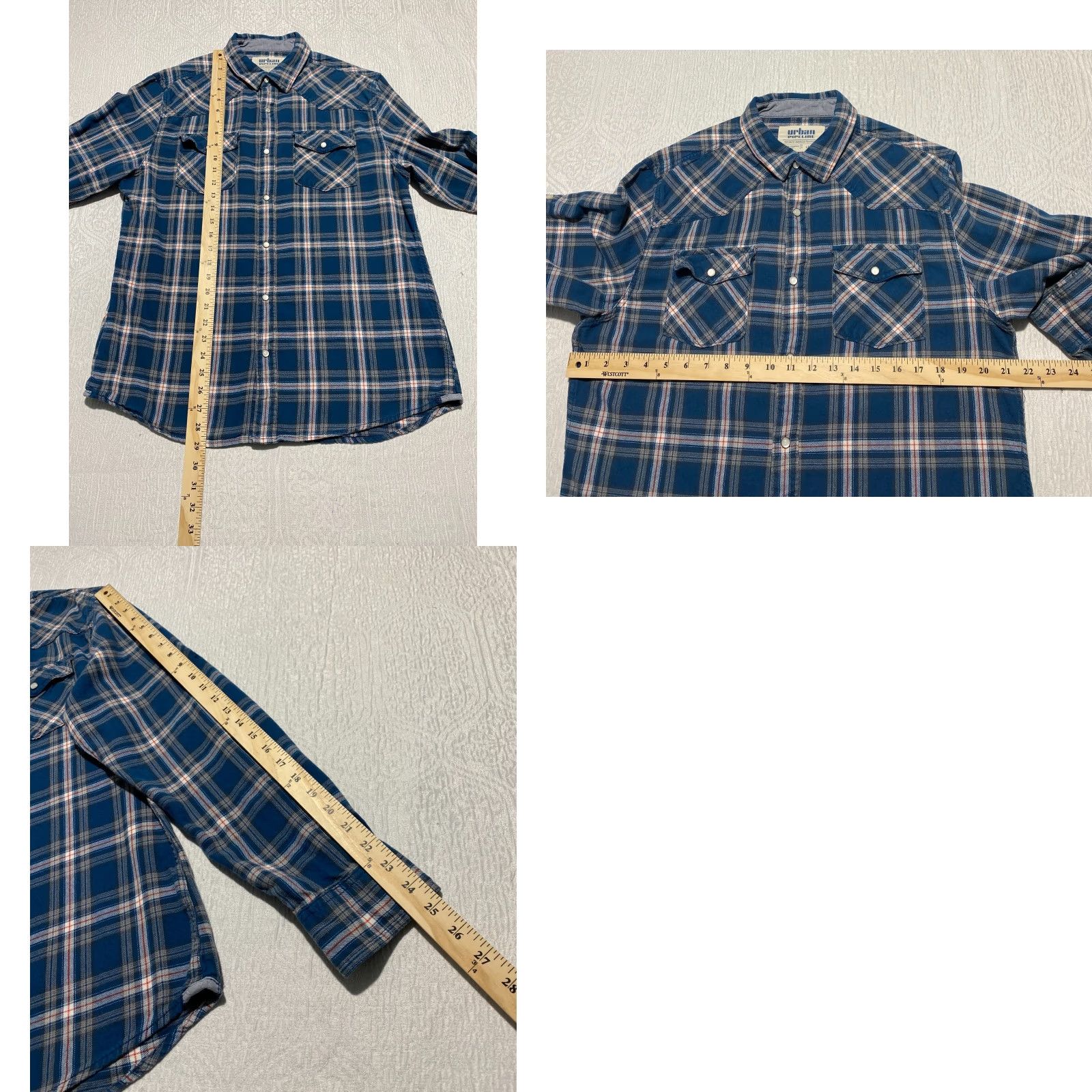 Vintage Urban Pipeline Shirt Mens Large Plaid Pearl Snap Casual Western Cowboy Roll Tab Blue Cotton Button-Up Pocketed American Western Cowboy Theme Mens Size US L / EU 52-54 / 3 - 8 Thumbnail