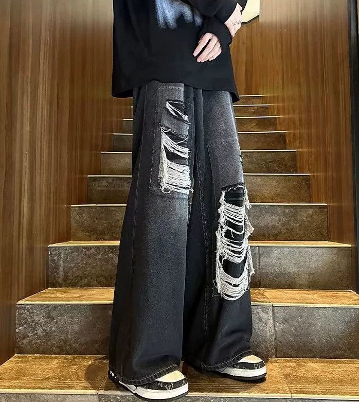 Japanese Brand Men's American retro loose wide-leg straight ripped jeans Size US 32 / EU 48 - 4 Thumbnail