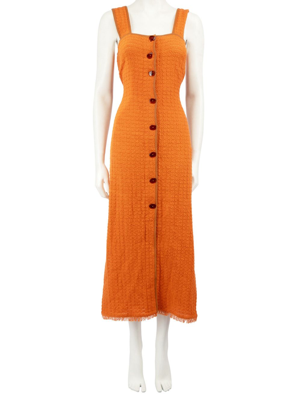 Orange Frayed Trim Belted Midi Dress