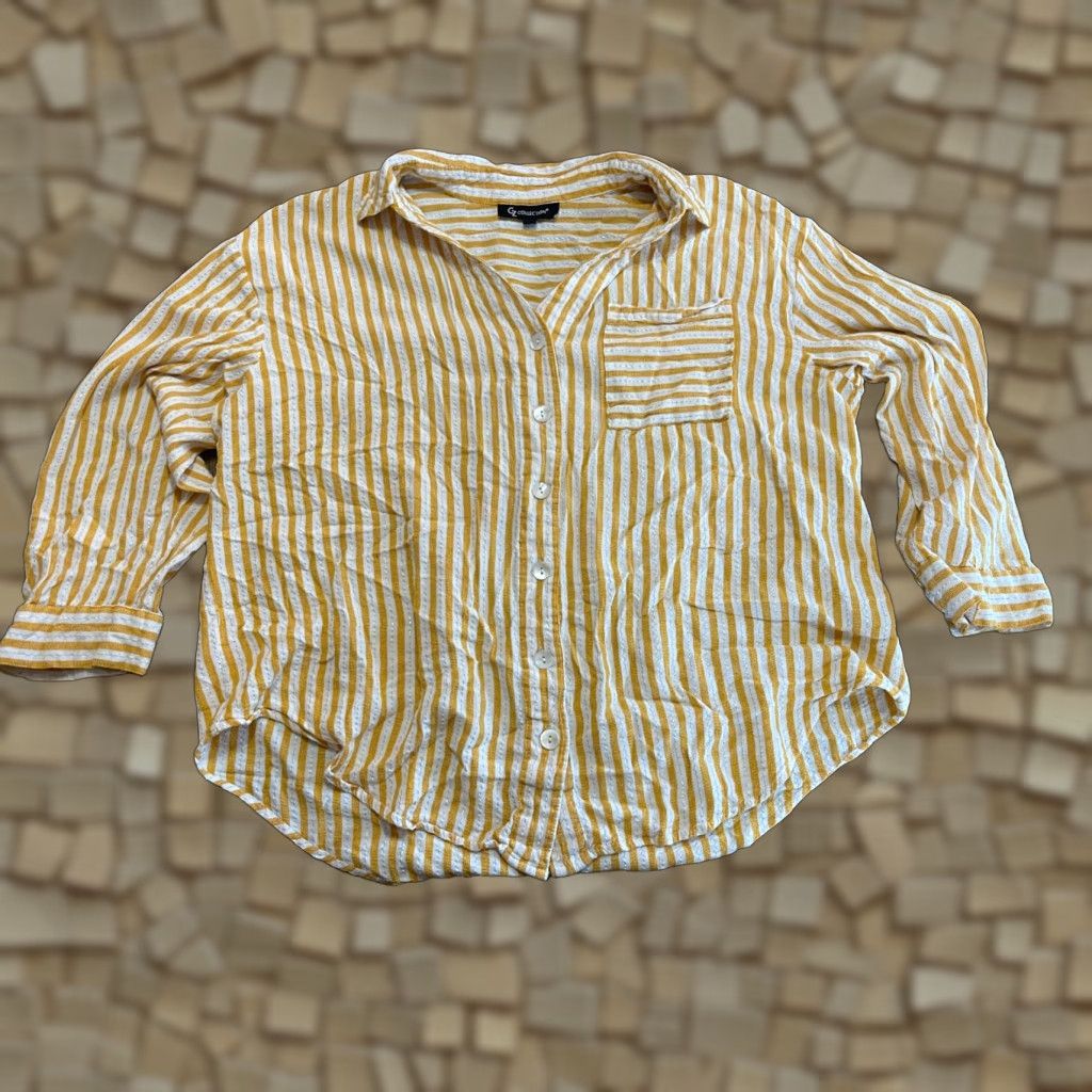 Vintage GZ Collection Shirt Women's 2X Striped Button-Up Yellow White Long Sleeve Casual Modern Fall Spring Summer Regular Mens Womens Girls Boys? Size XXL / US 16-18 / IT 52-54 - 1 Thumbnail