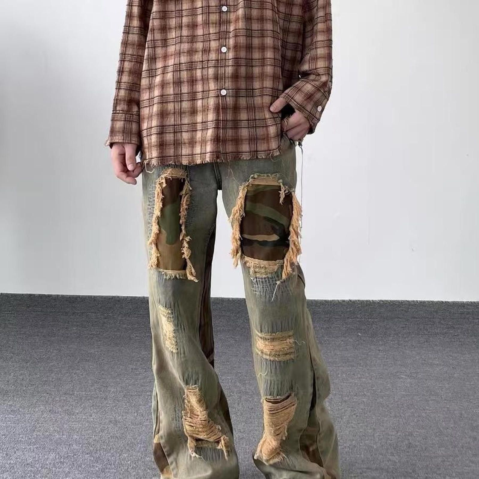 Jean Camo Patch Flare Jeans – Yellow Mud, Retro Loose Fit Size US 33 - 3 Thumbnail