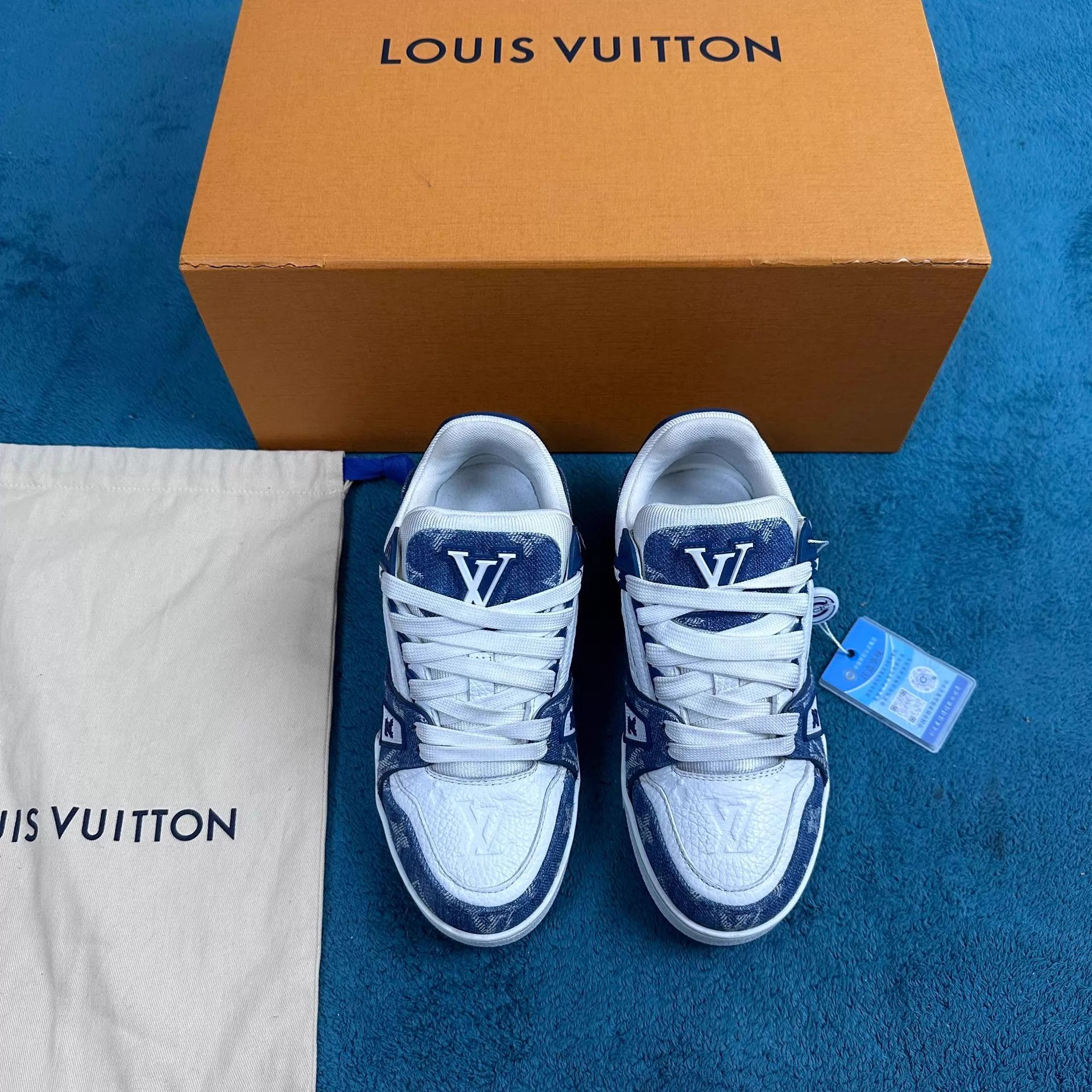 Louis Vuitton LV Trainer White Blue Denim Full Print 35.5 Size US 5 / IT 35 - 1 Thumbnail