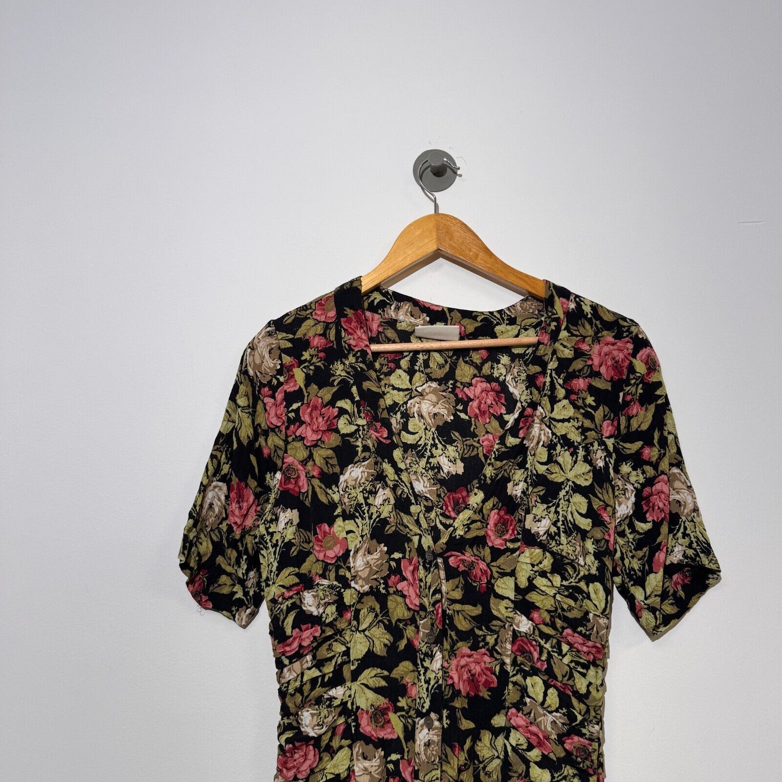 Ganni × Vintage Ganni Green Black Viscose Dress Size S Floral Pattern 90s Size S / US 4 / IT 40 - 4 Thumbnail