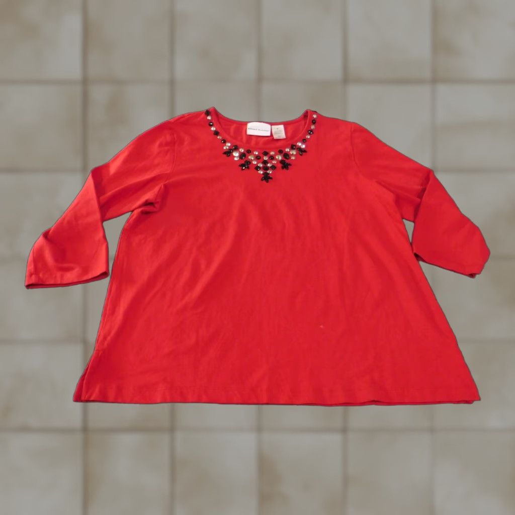 Vintage Alfred Dunner Blouse Shirt Womens L Red Knit Stretch Geometric Floral Embellishments Pullover Round Neck Long Sleeve Casual Vintage No (adjusted) Size L / US 10 / IT 46 - 1 Thumbnail
