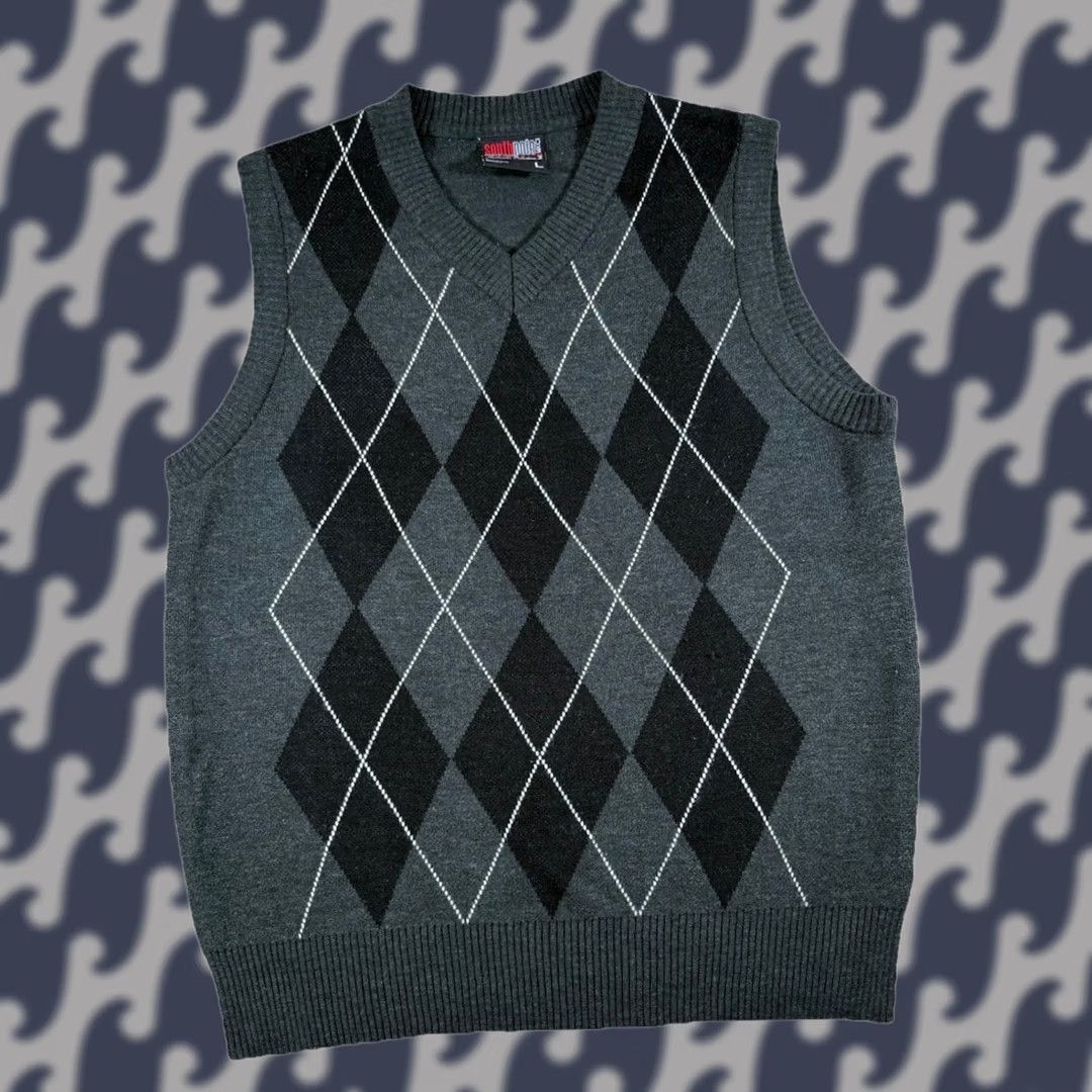 Southpole VINTAGE South Pole Argyle Black & Grey Sweater Vest Men’s Large V-Neck Sleeveless 100% Acrylic Knit Casual Regular Logo Seasonal Fall Winter Spring Size US L / EU 52-54 / 3 - 1 Thumbnail