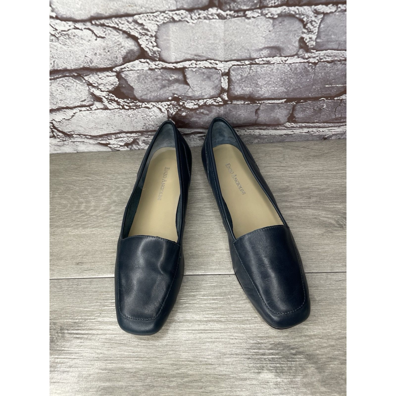 Enzo Bonafe Enzo Angiolini Liberty Navy Blue Leather Square Toe Loafers Size US 7 / IT 37 - 2 Thumbnail