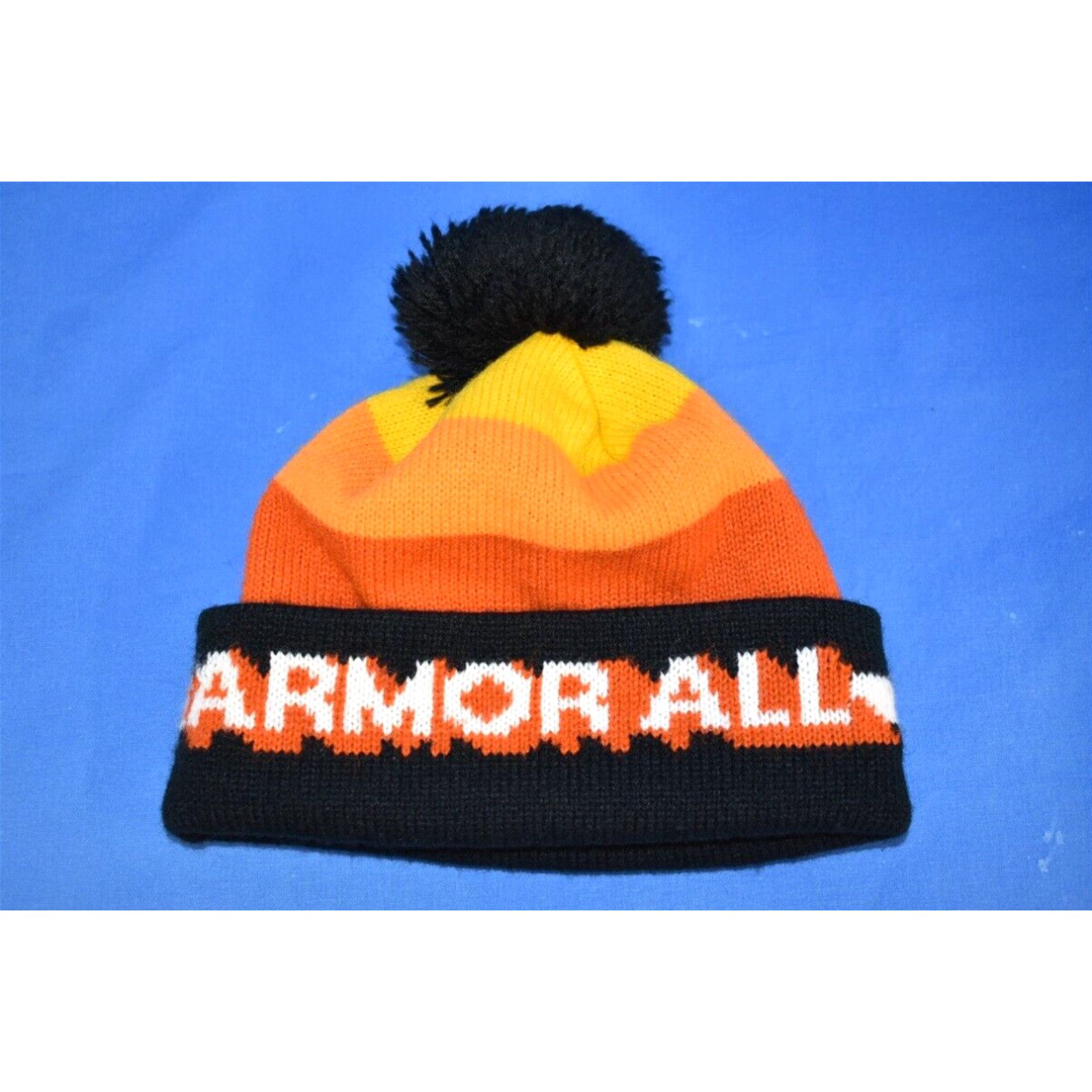 image of Vintage 80's Armor All Rainbow Orange Yellow Bobble Winter Knit Ski Skiing Hat in White, Men's
