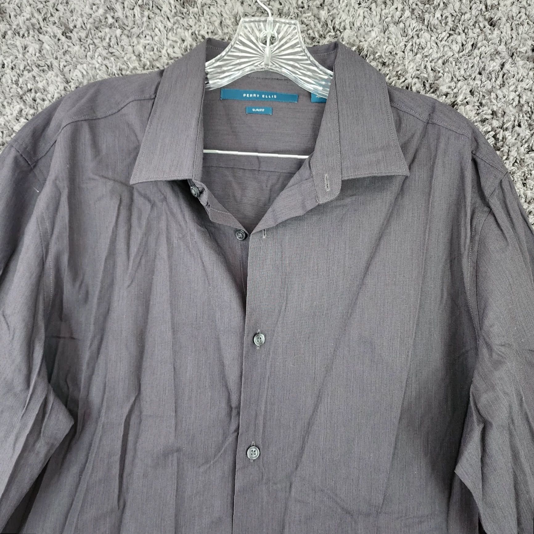 Perry Ellis PERRY ELLIS Slim Fit Long Sleeve Button-Up Dress Shirt Gray XL Mens Size 46R - 3 Thumbnail