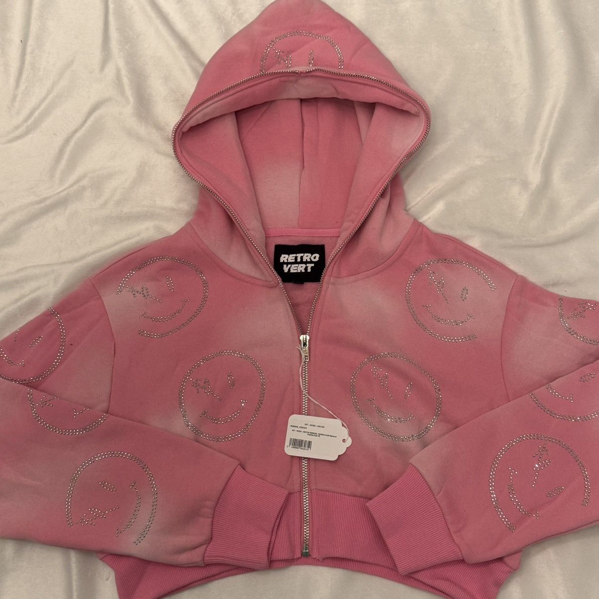 RETROVERT RETROVERT Women's Rhinestone Smiley Zip Up Cropped Hoodie Size M / US 6-8 / IT 42-44 - 1 Thumbnail
