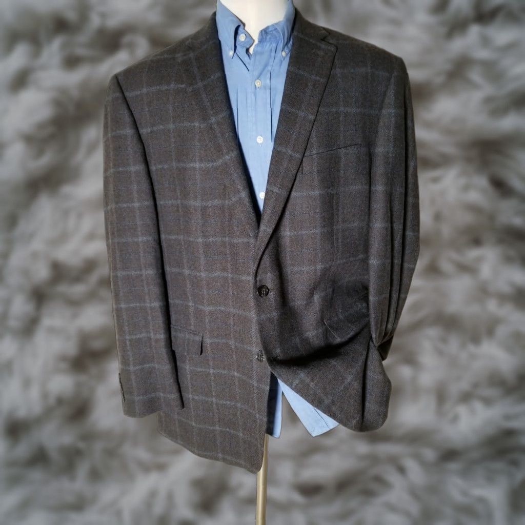 Ralph Lauren Blazer Jacket Single-Breasted Two-Button Wool Tweed Flannel Check Plaid Long Coat 48L Brown Blue