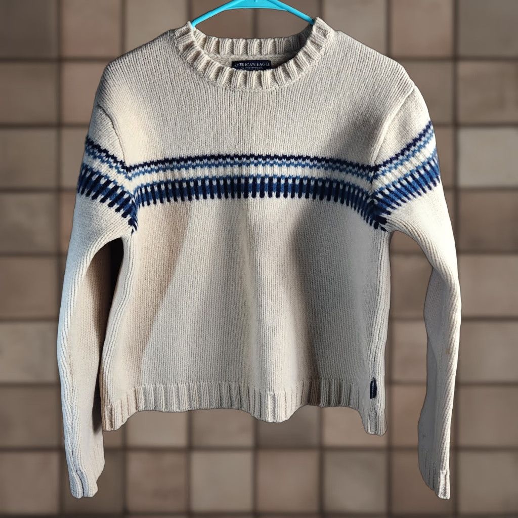 American Eagle Outfitters VINTAGE American Eagle Outfitters Sweater | Pullover Knit Crewneck | Women L | Beige/Navy Lambswool | Striped Chunky-Knit | Casual Fall/Winter Women Size L / US 10 / IT 46 - 1 Thumbnail
