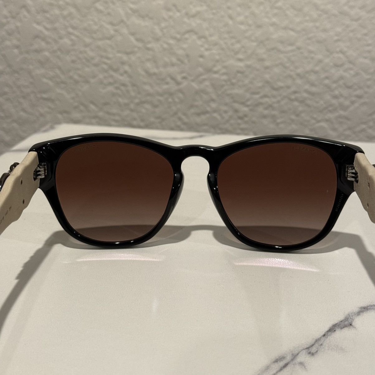 Chanel Chanel 5455-Q-B Black Acetate & Beige Leather Sunglasses Size ONE SIZE - 6 Thumbnail