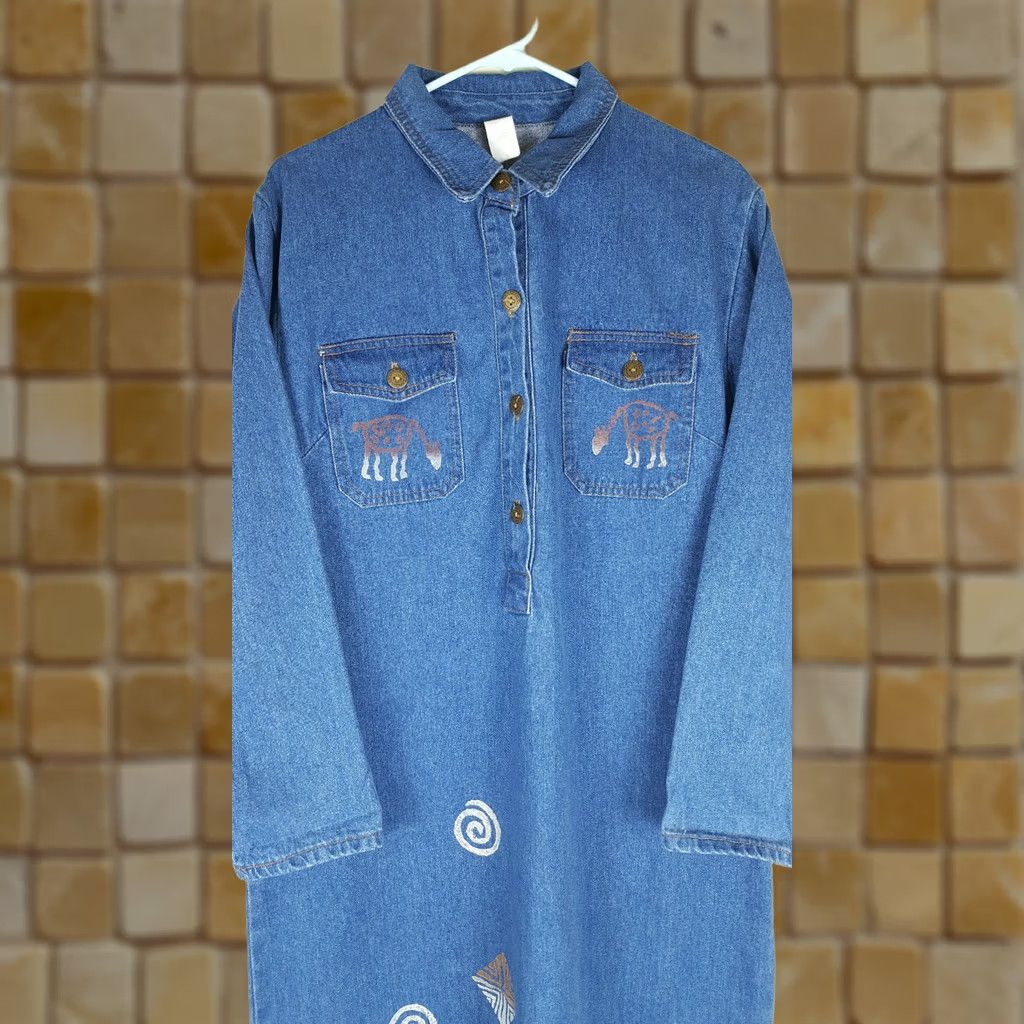 Folk VINTAGE Art Denim Long Sleeve Dress Womens L USA Made Blue 51 in Collared Button Retro Tribal Folk Art Casual Size L / US 10 / IT 46 - 1 Thumbnail
