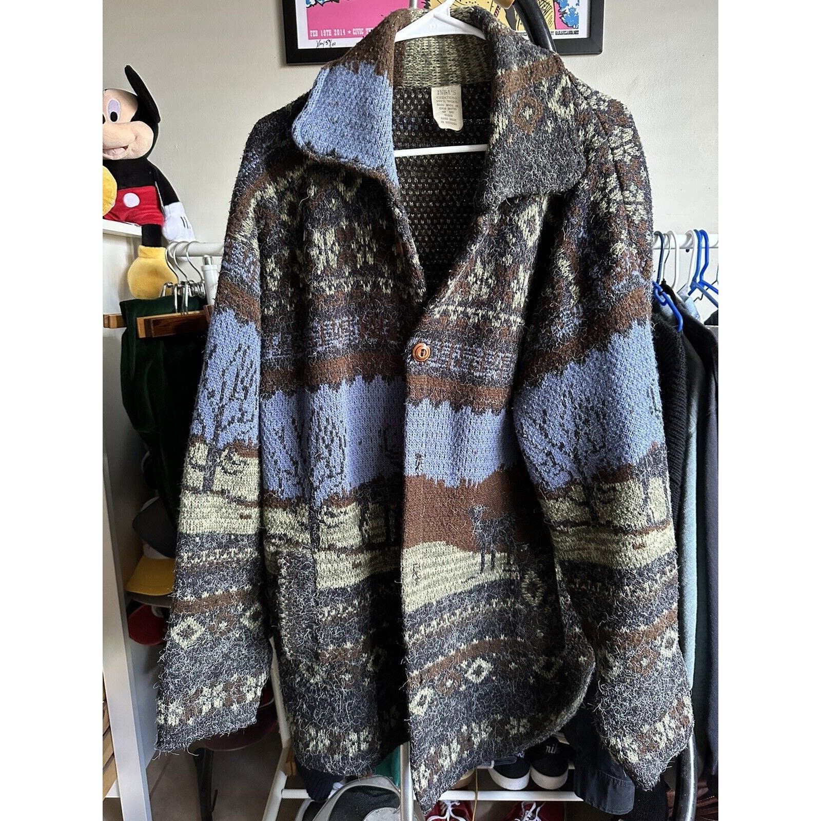 Vintage Hand Cardigan Landscape Deers Trees Heavy Wool