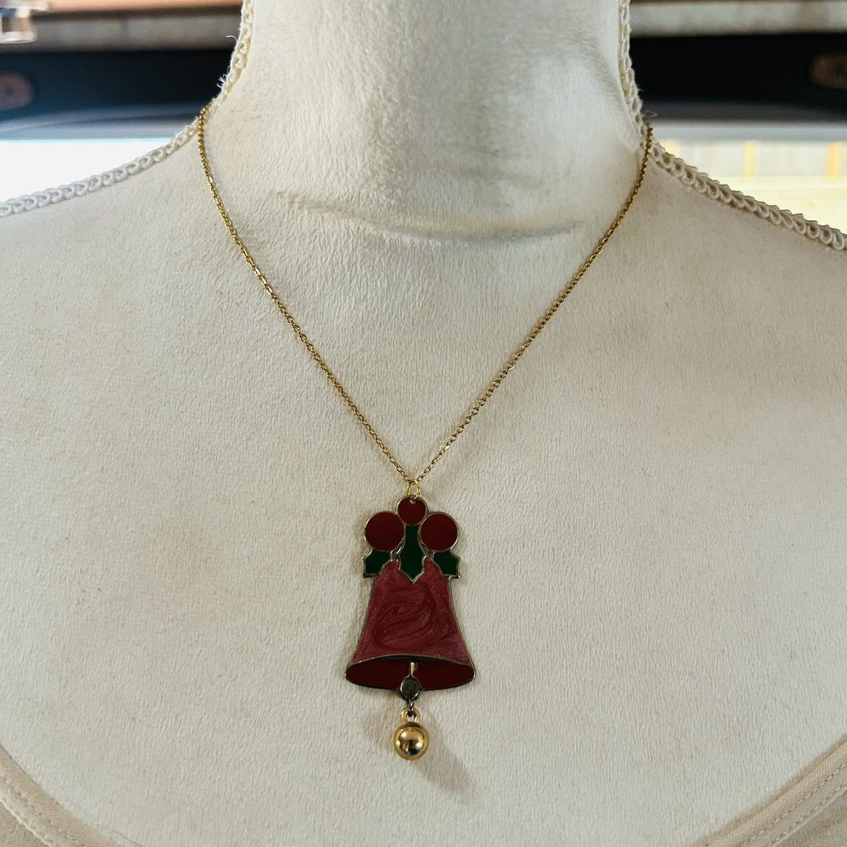 Handmade Handcrafted vintage enamel Christmas bell pendant necklace Size ONE SIZE - 2 Thumbnail