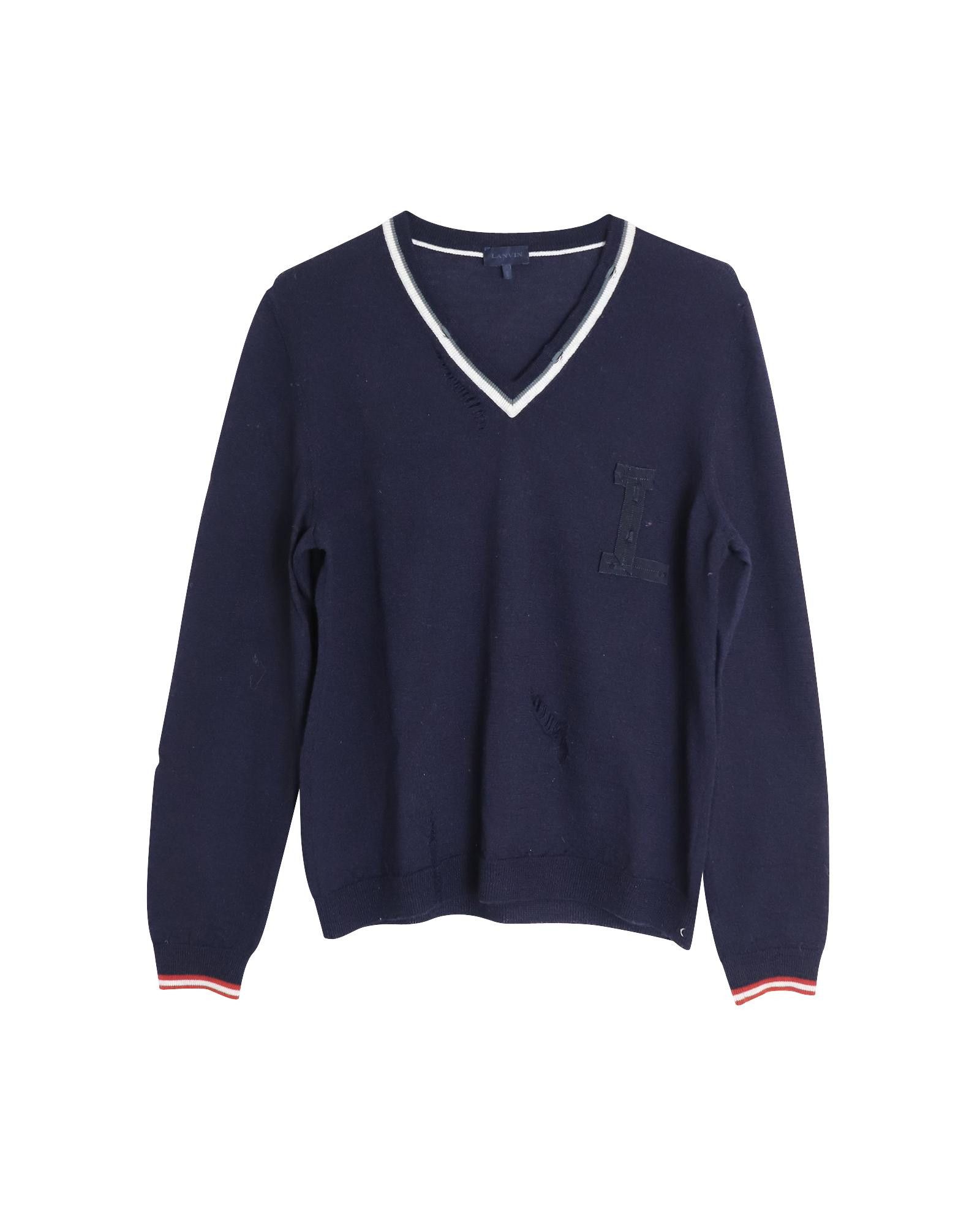 image of Lanvin Distressed Detail V-Neck Jumper In Navy Blue Wool in Blue/Navy Blue, Men's (Size Medium)