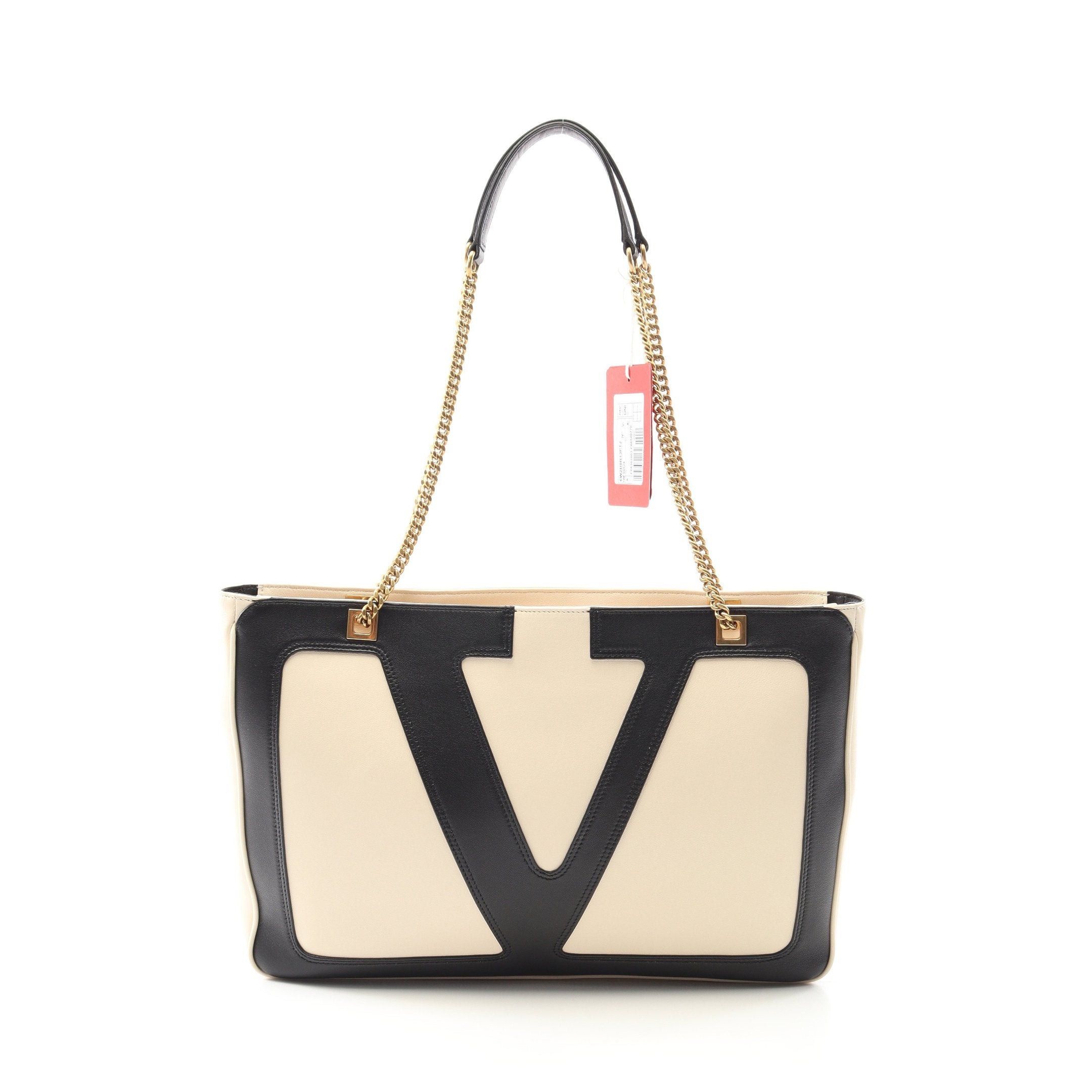 Valentino Viva Superstar Chain Shoulder Bag Tote Leather Light Beige Black, Women's