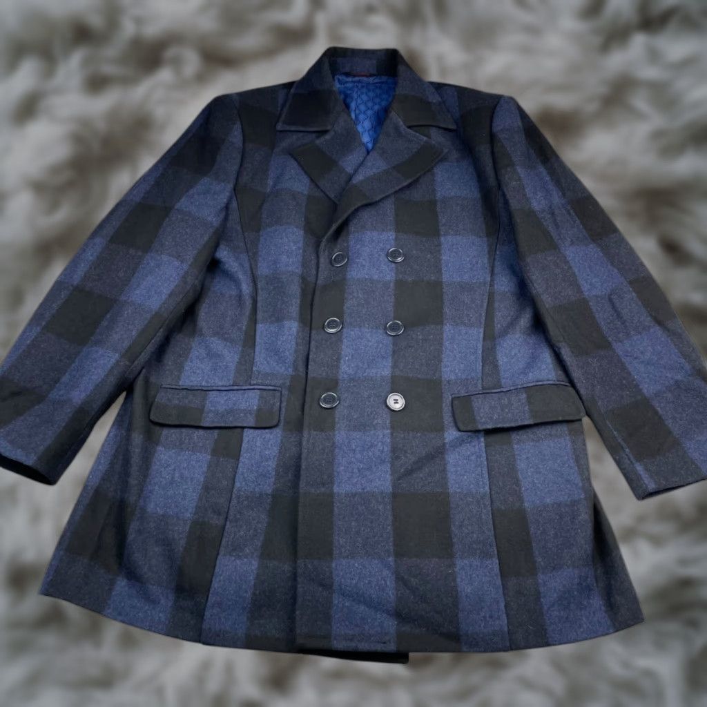 Doublet Linea Uomo Coat Mens Pea Coat Wool Flannel Double Breasted Plaid 46L Navy Blue Black 6-button Regular Mens Size US S / EU 44-46 / 1 - 1 Thumbnail