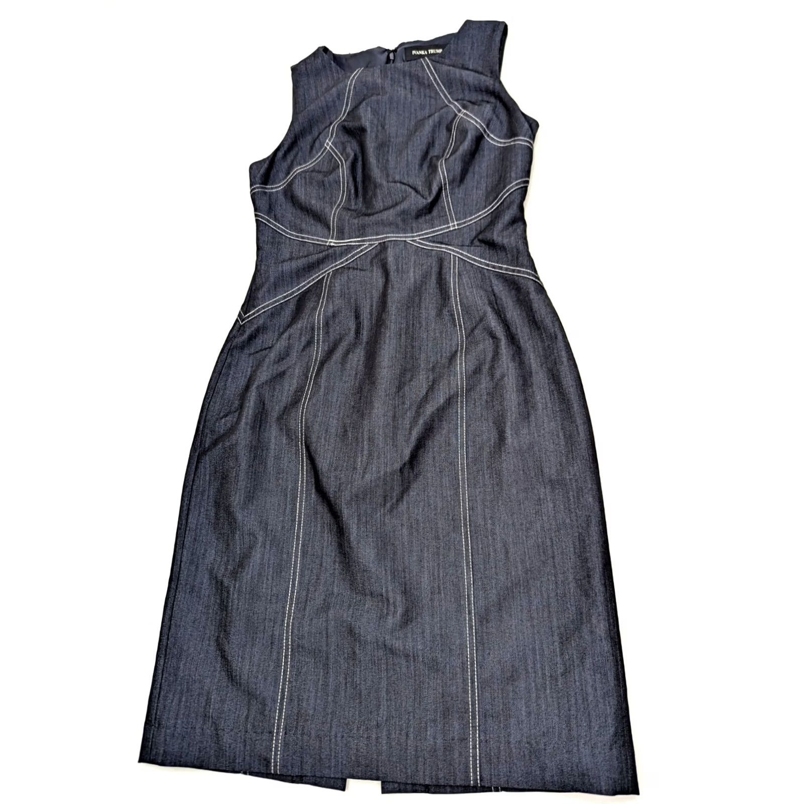 Vintage Ivanka Trump Deep Indigo w White Stitch Midi Tank Dress Women 2 EUC Zip Floral Knit Sleeveless Round Neck 30 Chest 35 Long Pattern Flower Size XS / US 0-2 / IT 36-38 - 2 Thumbnail