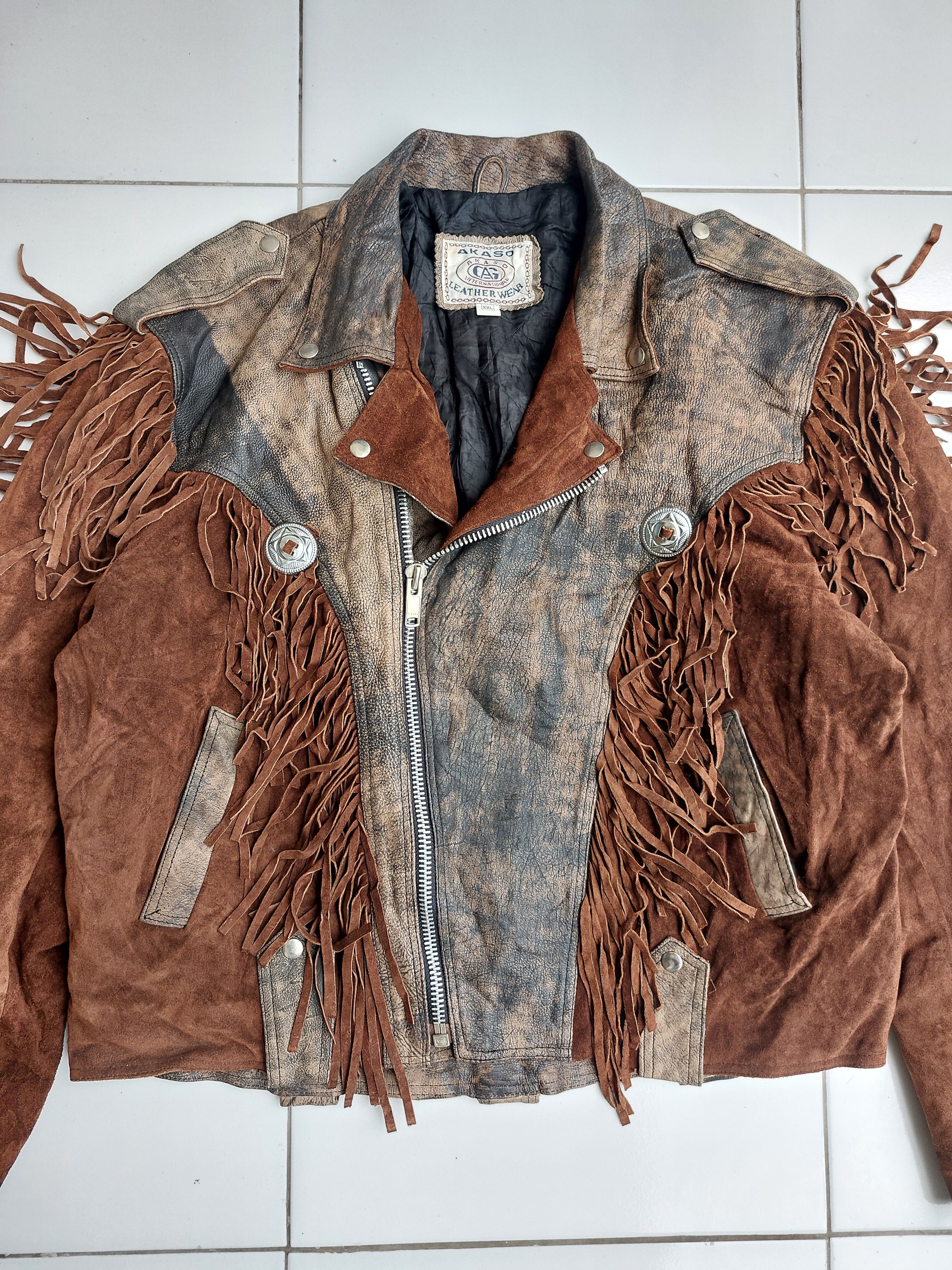 Vintage Akaso Vintage Fringed Leather Jacket Double Breasted Size US XL / EU 56 / 4 - 6 Thumbnail