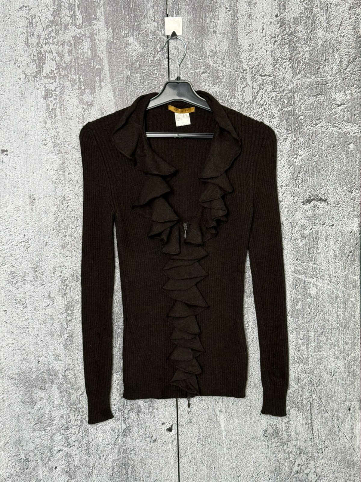 D.Exterior D.Exterior Brown Ribbed Wool Ruffle Zip Cardigan Sweater Size L / US 10 / IT 46 - 1 Thumbnail