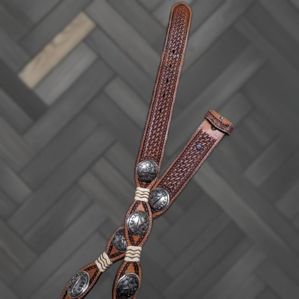 Vintage VINTAGE Justin Western Belt Mens 38 Brown Leather Concho Buckle Texas Lonestar Scalloped Pattern Cowboy Belt Size 38 - 1 Thumbnail