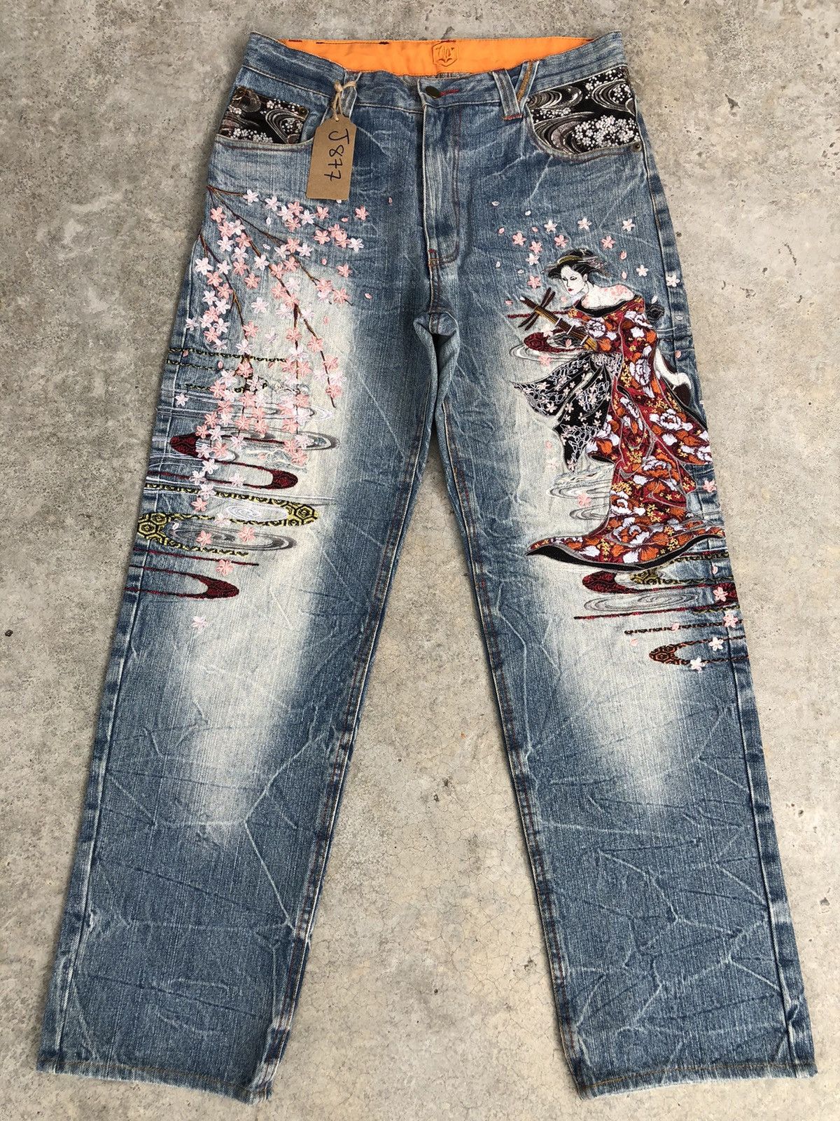 Japanese Brand Japanese Geisha Embroidered Jeans Distressed Jeans Size US 31 - 1 Thumbnail