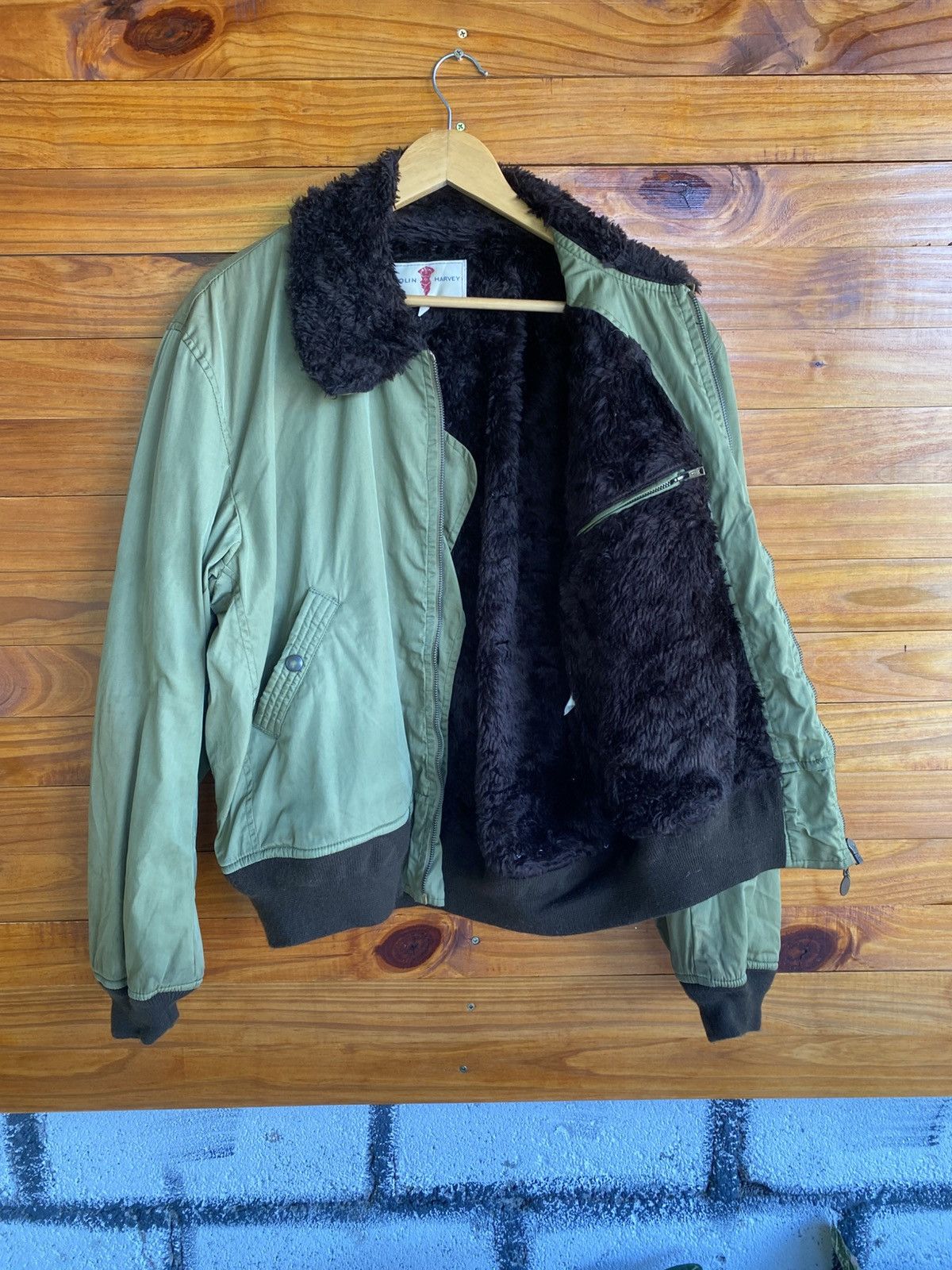 Vintage Colin Harvey Olive Green Bomber Jacket Faux Fur Collar Size US L / EU 52-54 / 3 - 6 Thumbnail