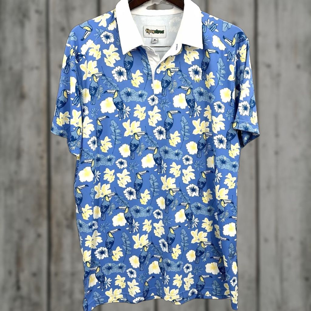 Vintage Tipsy Elves Polo Golf Shirt Mens L Floral Toucan Blue Short Sleeve Preppy Aloha Bird Beach 90s Mens Size US L / EU 52-54 / 3 - 1 Thumbnail